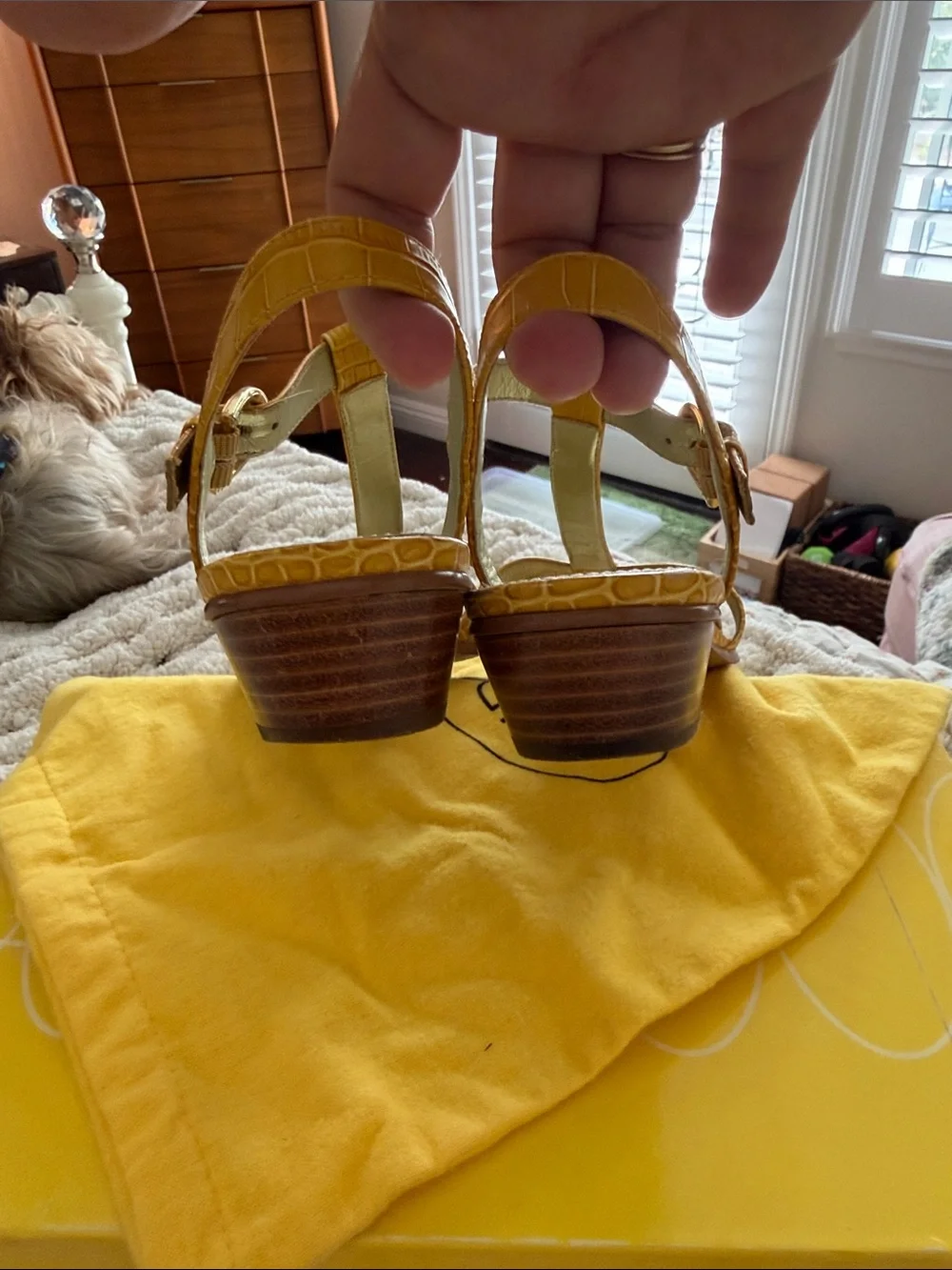 Joan & David Mustard Croc-Embossed Strappy Low Heel Sandals